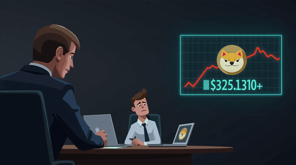 Sala de juntas con ticker de Dogecoin mostrando caída; ejecutivo preocupado ante riesgo regulatorio y volatilidad