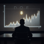 Silhouette de un CEO en una sala de juntas; gráfico holográfico de tesorería DOGE y logo de DOGE.