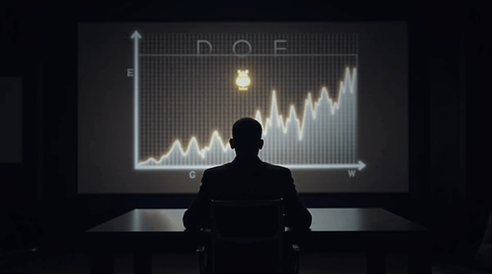 Silhouette de un CEO en una sala de juntas; gráfico holográfico de tesorería DOGE y logo de DOGE.