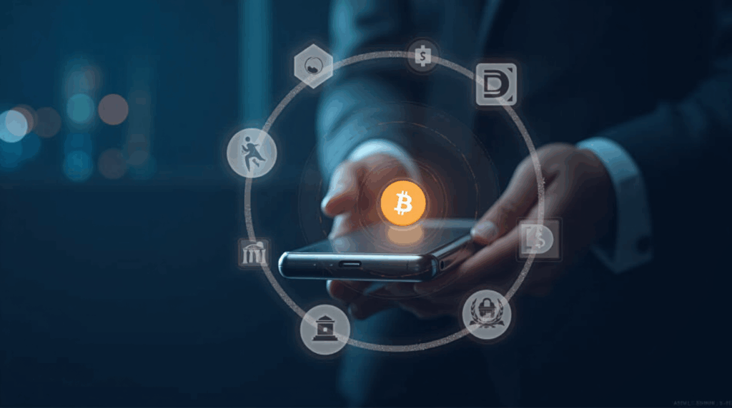 Inversionista central con móvil mostrando BTC, rodeado de símbolos USD y FDIC, frente a un paisaje urbano digital.