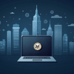 Portada cripto: ciudad futurista con nodos blockchain, silueta de billetera y sello de la SEC.