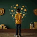 Estudiante ante pizarra: dinero fiat se disuelve en Bitcoin, lingotes de oro y un escudo de soberania financiera.