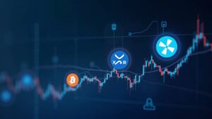 Encabezado cripto periodístico: logos de XRP y Solana se elevan sobre un gráfico, Bitcoin se atenúa y aparecen iconos regulatorios en el fondo.