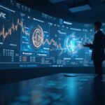 Analista financiero presenta entradas de ETFs de Bitcoin en una pantalla holográfica, con paneles de Ethereum y iconos regulatorios.