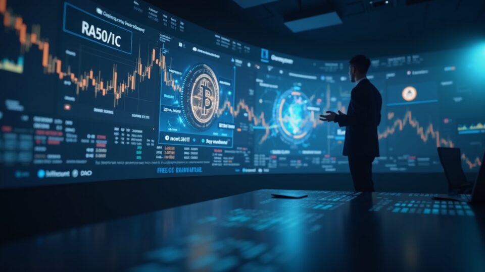 Analista financiero presenta entradas de ETFs de Bitcoin en una pantalla holográfica, con paneles de Ethereum y iconos regulatorios.