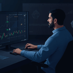 Trader cripto en estudio observa ETH con MACD y funding negativos; ballena, iluminación tipo sala de noticias, caída a 3800.