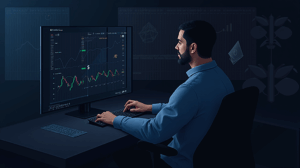 Trader cripto en estudio observa ETH con MACD y funding negativos; ballena, iluminación tipo sala de noticias, caída a 3800.