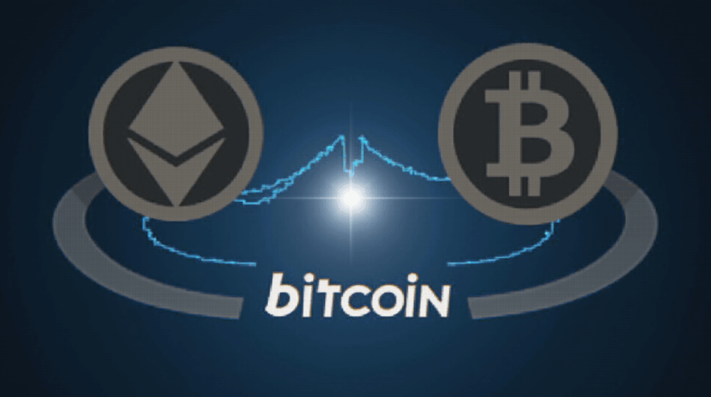 Encabezado de criptomonedas con logotipos de Ether y Bitcoin y gráficos de flujos ETF y rotación a Bitcoin.