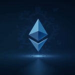 Logotipo de Ethereum junto a IA autónoma coordinando pagos en contratos inteligentes, con hologramas fintech.