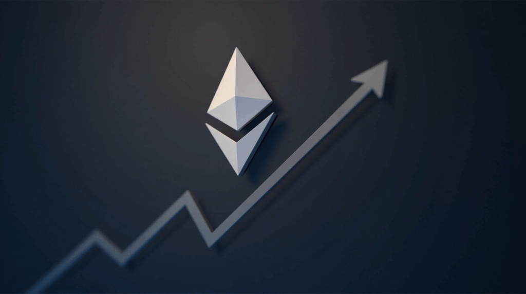 Logo de Ethereum sobre un gráfico ascendente con siluetas de ballenas y luces de sala de noticias