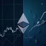 Logotipo de Ethereum en el centro, fondo dividido: gráfico descendente y flujos institucionales ascendentes.