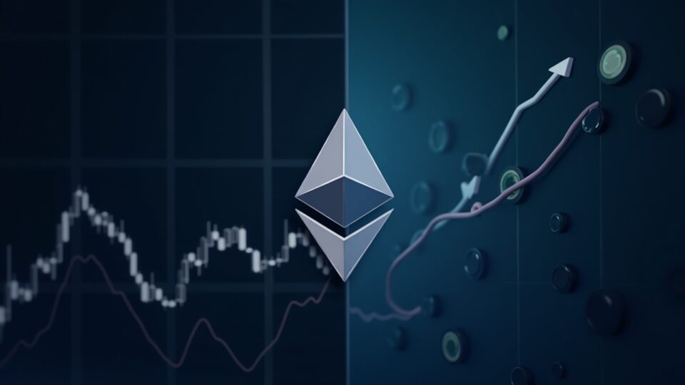 Logotipo de Ethereum en el centro, fondo dividido: gráfico descendente y flujos institucionales ascendentes.