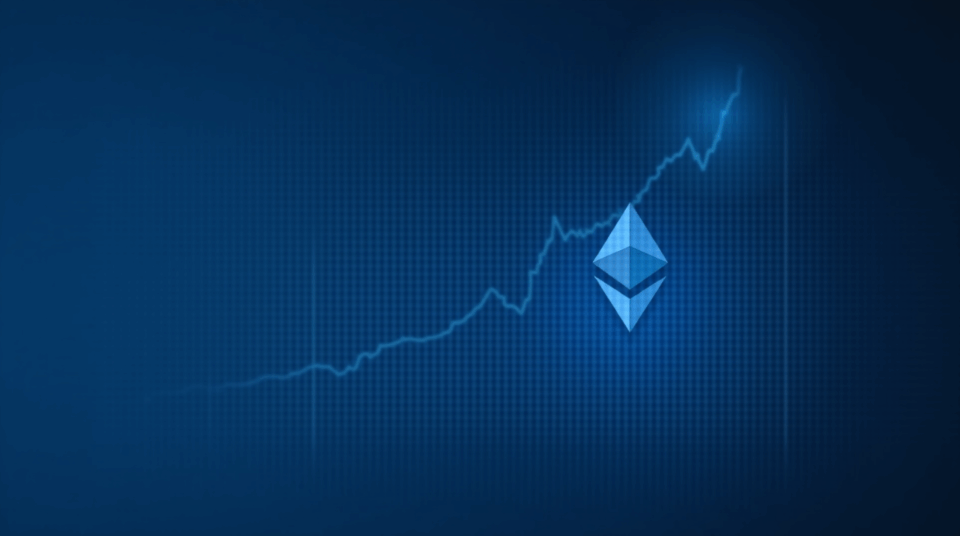 Encabezado fotorrealista de cripto: Ethereum al alza sobre rejilla digital, gráfico sutil de recorte de la Fed en tonos azul plateado.