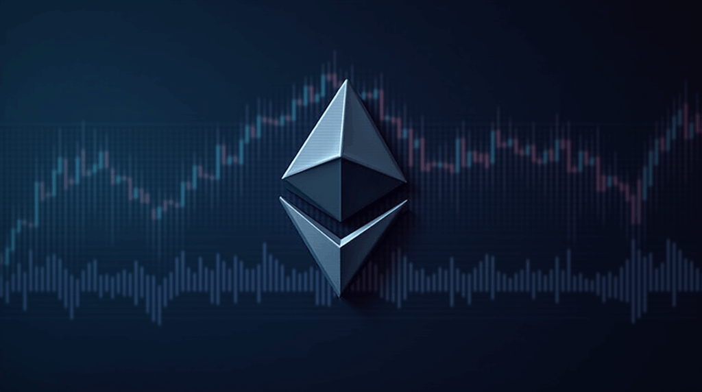 Encabezado fotorrealista con logo de Ethereum y gráfico descendente, tonos periodísticos que muestran volatilidad y liquidez