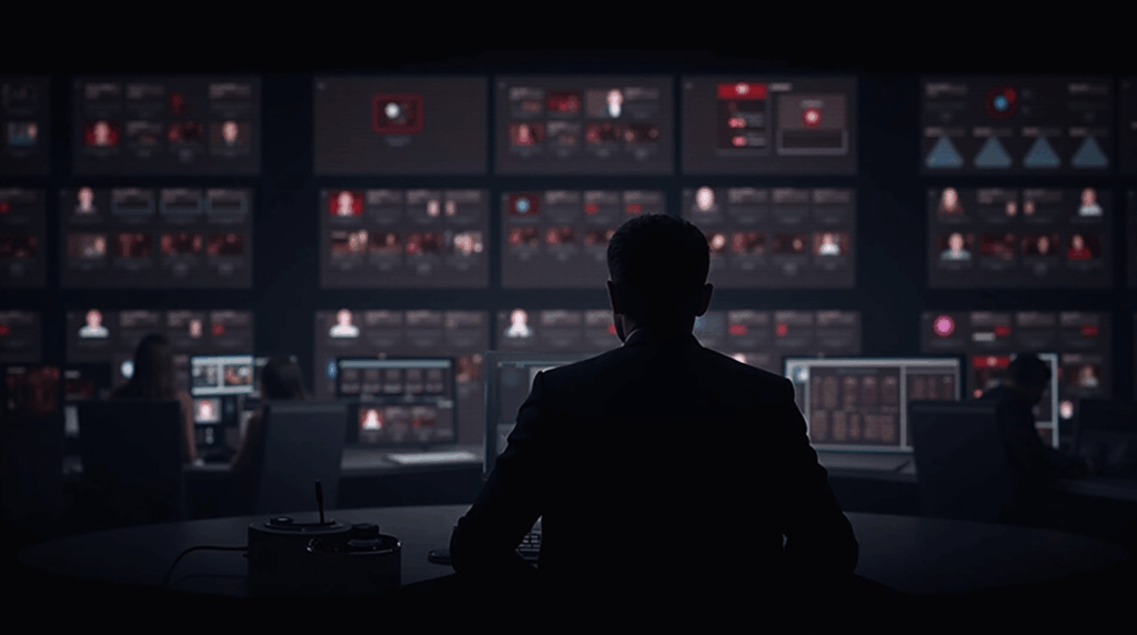 Analista en sala de control ante alerta roja; pantallas muestran 60 perfiles IT falsos vinculados a Lazarus en cripto