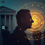 Silueta de Nigel Farage fusionada con Bitcoin y circuitos de blockchain, Bank of England al fondo y votantes diversos al frente
