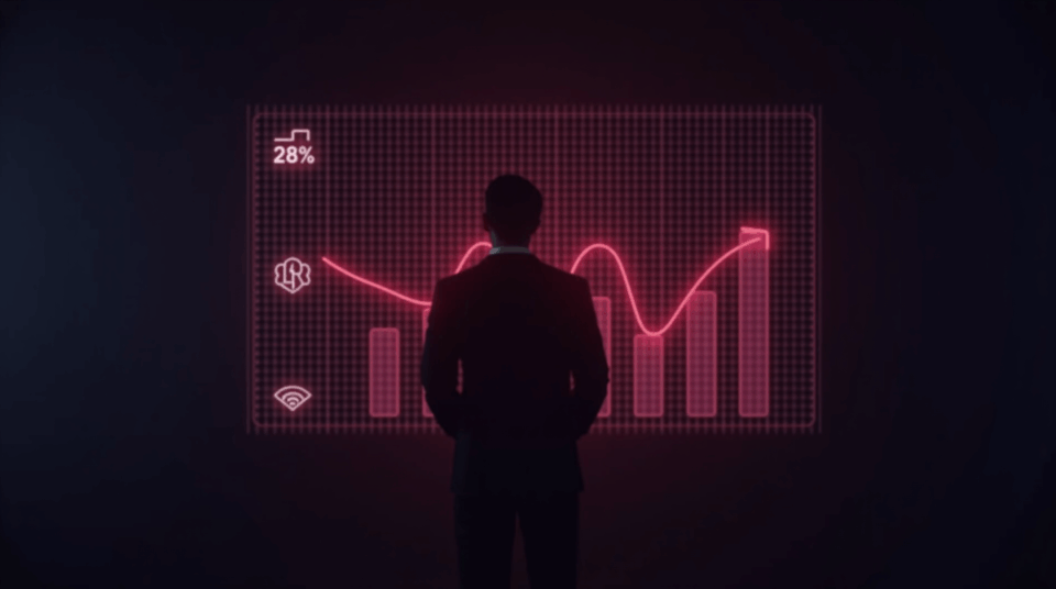 Trader fotorealista en el centro, pantalla muestra la caída semanal del 28% de Fartcoin y el logo de Solana