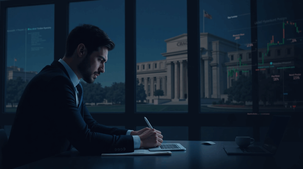 Crypto analyst at desk with glowing charts; Fed building reflected in glass for a finance news header.