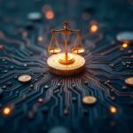 Nodo cripto central con blockchain, flujos de dinero hacia GOP y balanzas regulatorias inclinadas hacia innovación.