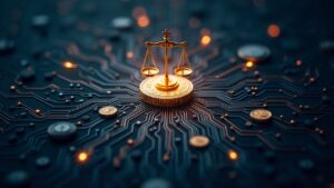 Nodo cripto central con blockchain, flujos de dinero hacia GOP y balanzas regulatorias inclinadas hacia innovación.