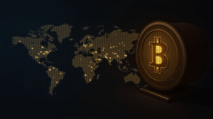 Ejecutivo junto a una bóveda de Bitcoin iluminada y un mapa de Asia al fondo, simbolizando adopción institucional.