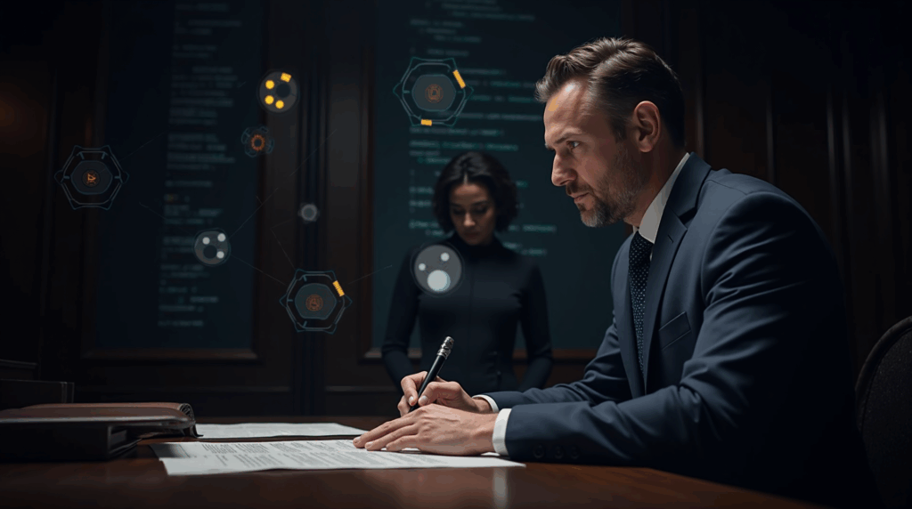 Escena de sala de juicios: abogado, hologramas de registros contables digitales, logos cripto y documentos sobre mesa
