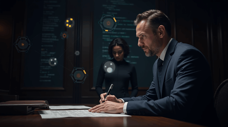Escena de sala de juicios: abogado, hologramas de registros contables digitales, logos cripto y documentos sobre mesa