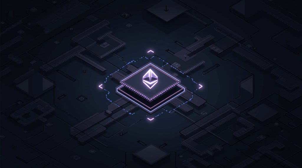 Validador de Ethereum en un centro de datos, blobs brillantes y fecha de diciembre de 2025, para Fusaka, rollups y PeerDAS.