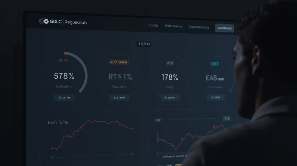 Analista financiero frente a tablero multi-cripto ETF con BTC 72%, ETH 17%, XRP 6%, SOL 4%, logo GDLC y fondo regulatorio.