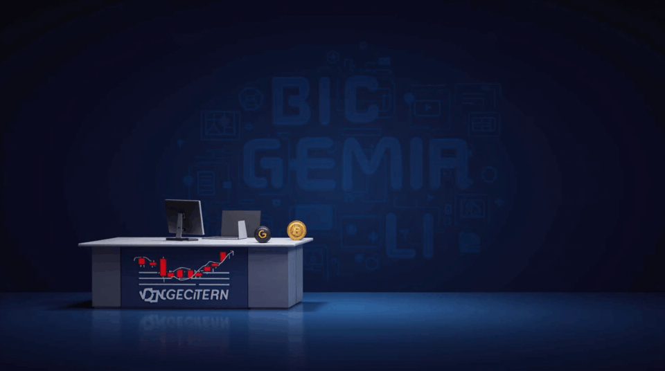 Imagen fotorrealista de un escritorio de trading con logo de Gemini, gráfico rojo descendente y iconos de custodia.