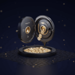 Cofre central brillante absorbe ETH y tokens DeFi, con rejilla digital y marca Lido, símbolo de un clic para rendimientos.