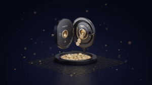 Cofre central brillante absorbe ETH y tokens DeFi, con rejilla digital y marca Lido, símbolo de un clic para rendimientos.
