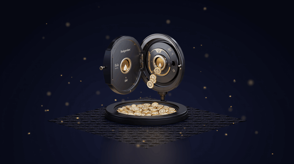 Cofre central brillante absorbe ETH y tokens DeFi, con rejilla digital y marca Lido, símbolo de un clic para rendimientos.