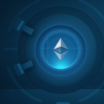 Símbolo gris de Ether stakeado hacia una bóveda luminosa, con documentos SEC desenfocados al fondo y tono azul cripto.