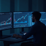 Analista de criptomonedas en un escritorio moderno, frente a varias pantallas con gráficos en tiempo real y la interfaz Grok 4 generando señales con IA.