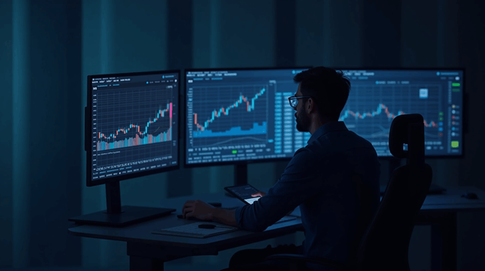 Analista de criptomonedas en un escritorio moderno, frente a varias pantallas con gráficos en tiempo real y la interfaz Grok 4 generando señales con IA.