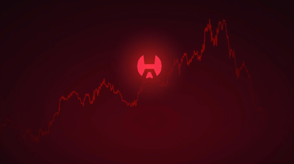 Logo de Hedera sobre gráfico rojo con caída de precios, stops y aumento de volumen, destacando volatilidad