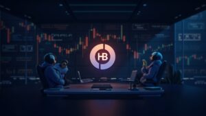 Logotipo de HBAR en el centro sobre un gráfico que cae por debajo de 0.21, traders institucionales en sala de noticias.