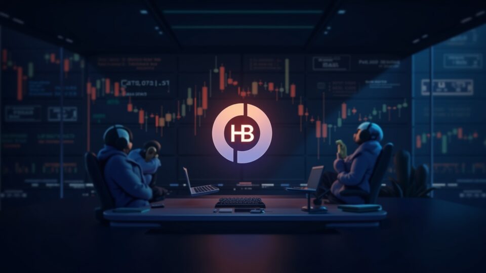 Logotipo de HBAR en el centro sobre un gráfico que cae por debajo de 0.21, traders institucionales en sala de noticias.