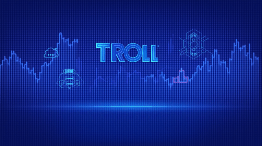 Header cripto con TROLL, FAI y M3, gráficos ascendentes, iconos de meme y redes neuronales en un skyline azul-púrpura