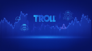Header cripto con TROLL, FAI y M3, gráficos ascendentes, iconos de meme y redes neuronales en un skyline azul-púrpura