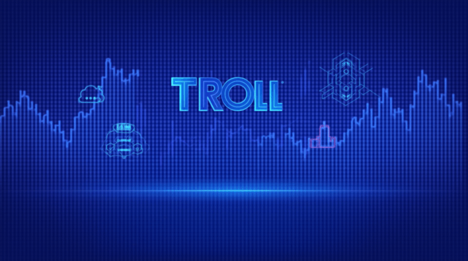 Header cripto con TROLL, FAI y M3, gráficos ascendentes, iconos de meme y redes neuronales en un skyline azul-púrpura