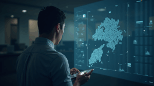 Profesional financiero en una oficina de Hong Kong revisa un mapa digital de stablecoins 1:1, ilustrando la regulación estricta y la adopción cautelosa