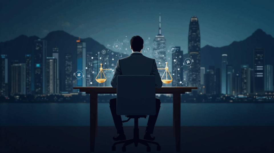 Trader de criptomonedas en un escritorio con balanzas y símbolos de stablecoin, skyline de Hong Kong al fondo.