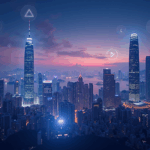Horizonte de Hong Kong con íconos digitales de stablecoins y elementos regulatorios, sugiriendo escrutinio transfronterizo.