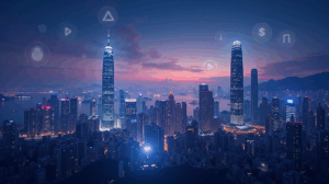 Horizonte de Hong Kong con íconos digitales de stablecoins y elementos regulatorios, sugiriendo escrutinio transfronterizo.