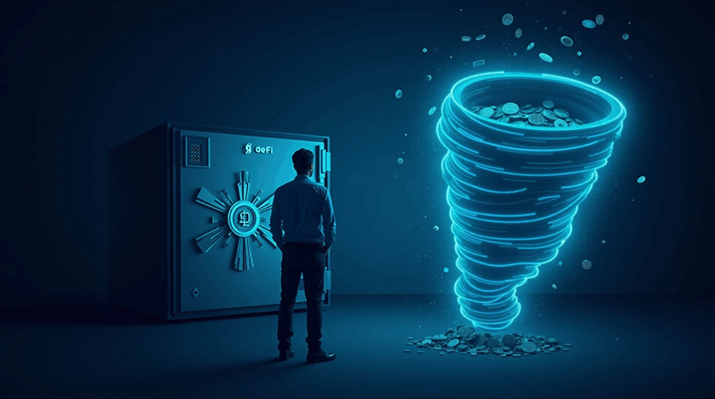 inversionista preocupado frente a una bóveda DeFi, vórtice Tornado Cash tragando monedas y neón azul, rug pull