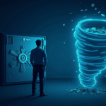 inversionista preocupado frente a una bóveda DeFi, vórtice Tornado Cash tragando monedas y neón azul, rug pull