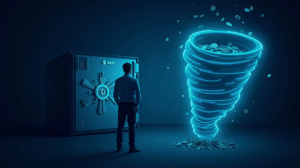 inversionista preocupado frente a una bóveda DeFi, vórtice Tornado Cash tragando monedas y neón azul, rug pull