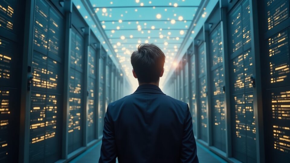 Fundador en escena dividida: data center con GPUs a la izquierda y casas solares a la derecha, malla descentralizada